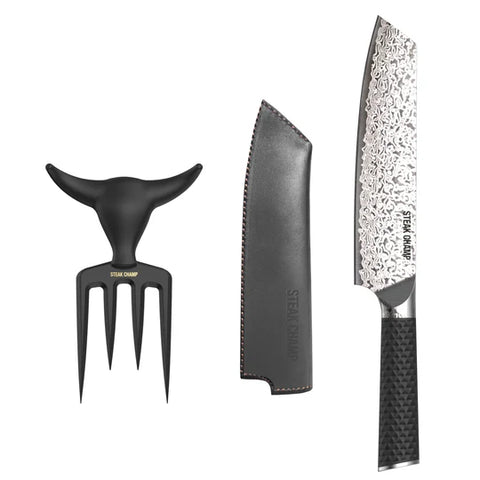 Black Pearls - "Wagyu” Damascus Chef's Knife & Bull Fork