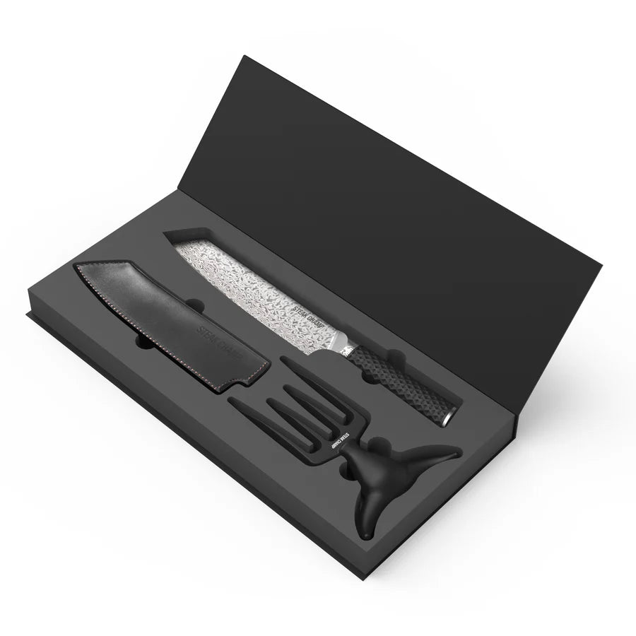 Black Pearls - "Wagyu” Damascus Chef's Knife & Bull Fork
